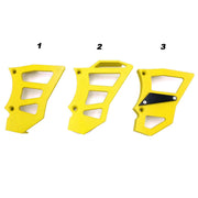 Modèle de cache pignon jaune pour cache allumage URproduct. Modèle 1 et 3 sont adaptables pour les motos 50cc avec une transmission en pignon de 11 à 15 dents inclus. Le modèle 2 : adaptable pour les pignons de 11 à 18 dents.